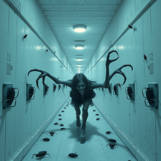 a crooked female with long arms and a creepy smile is crawling along a long white corridor and you can also see cockroaches in it there is a creepy atmosphere creepy art style