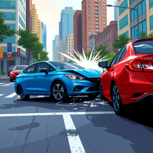 Create an urban cityscape illustration featuring a blue car and a red car in a collision on a street, with a city background, vibrant colors, digitally rendered with a 50mm lens, f/8 aperture, ISO 100, soft lighting, and a wide-angle view to capture the scene's details.