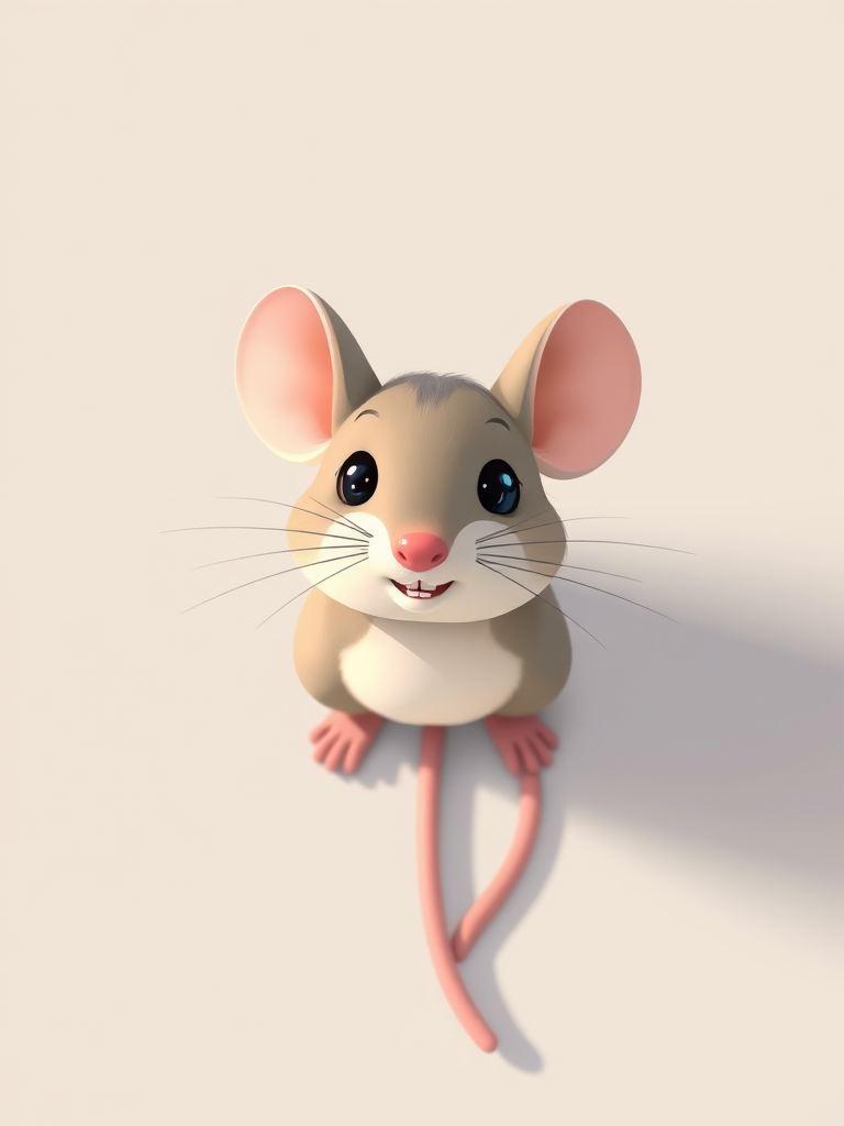 Create a high-resolution illustration of a cartoon mouse from a top-down view, with soft colors and minimal details, using a digital painting style, camera settings at f/4, ISO 100, shutter speed 1/250s, simulated depth of field for a clear focus on the mouse, rendered in 4K resolution.