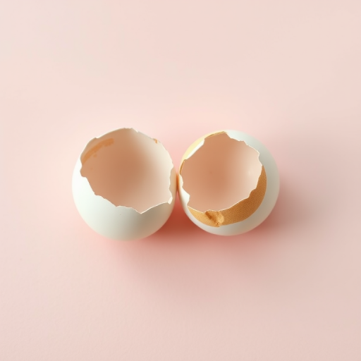 Create an image of two cracked eggshells on a soft pastel background, using a DSLR camera with 50mm lens, aperture f/2.8, ISO 100, and natural lighting for enhanced detail and texture.