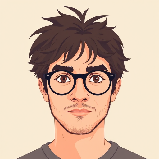 Generate a vector illustration of a male figure with shaggy hair and round glasses, using a soft color palette; camera settings: 50mm lens, f/8 aperture, ISO 100; camera view: frontal portrait; camera style: flat design; camera type: digital graphics tool.