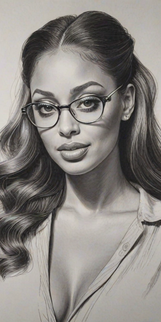 Captivating La La Anthony, pencil sketch, portrait of Splendid woman 1946s in glasses, hair style beatnik, outline, clear lines, fine lines, 8k