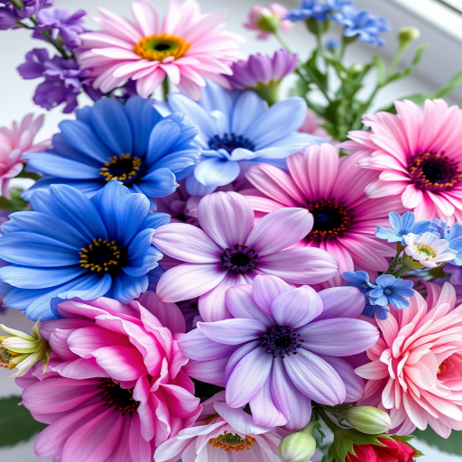 Create a vibrant watercolor floral arrangement with various flowers in shades of blue, purple, and pink, using a DSLR camera with a 50mm lens, aperture f/2.8, ISO 100, and soft natural lighting for enhanced detail.