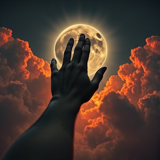 Create an image of a dramatic hand reaching towards a dark moon surrounded by fiery clouds, capturing it with a Canon EOS R5, 24-70mm f/2.8 lens, aperture f/4, shutter speed 1/500 sec, ISO 100, epic fantasy style, high dynamic range, with a focus on the contrast between light and shadow.