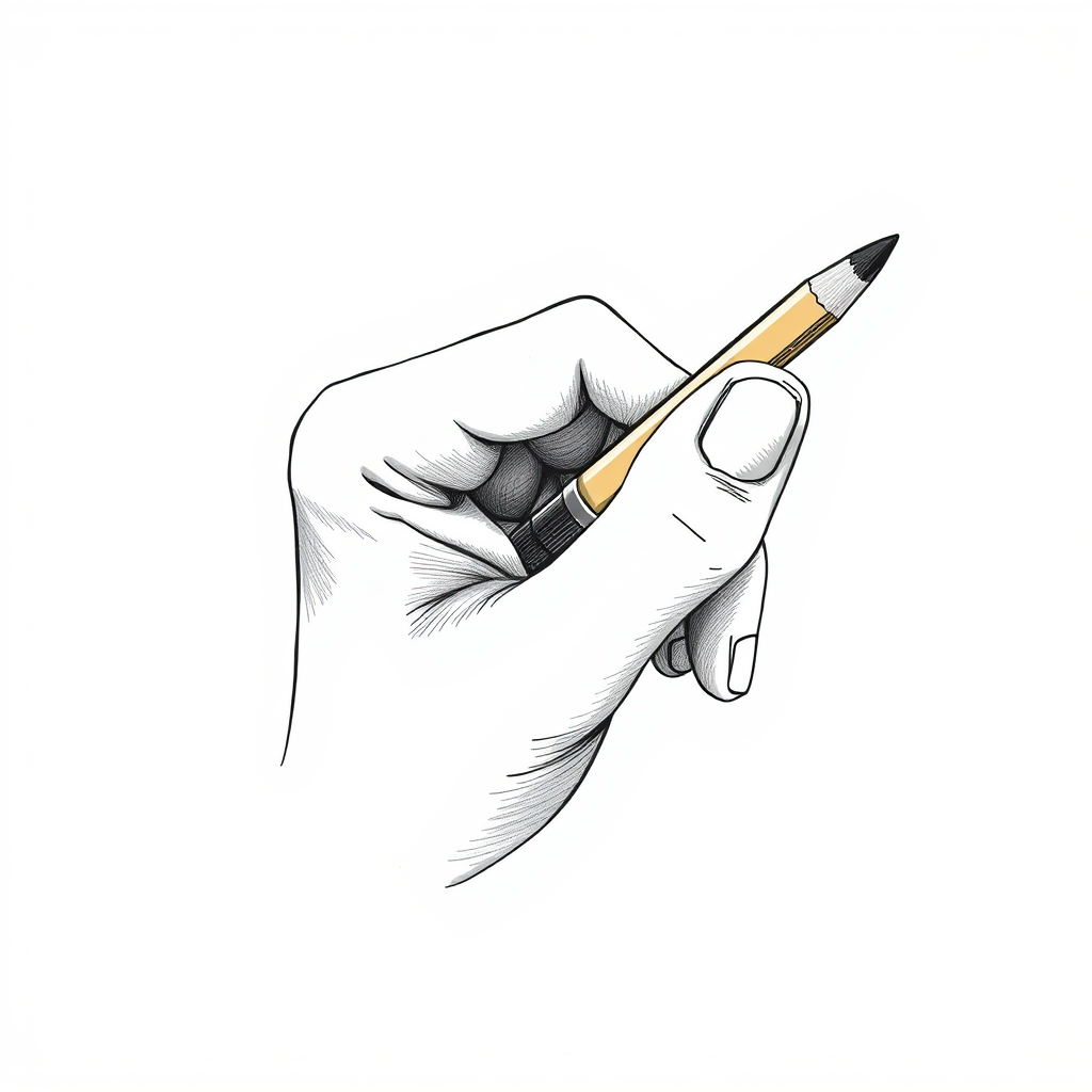 Generate a clean and detailed illustration of a hand holding a pencil, focus on smooth lines and even shading, shot with a Canon EOS R5 at f/8, ISO 100, 1/125s, using a macro lens for close detail, soft natural lighting for enhanced texture.