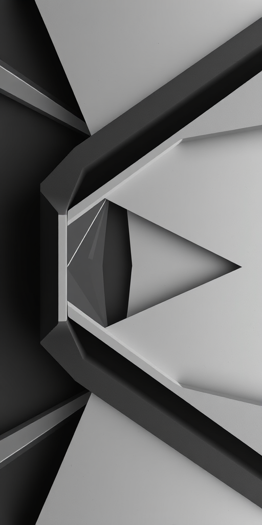 Generate a high-resolution abstract geometric design featuring interlocking shapes in a monochromatic color scheme, shot with a Canon EOS R5 at f/11, ISO 100, 1/125s, focused from a top-down view with soft lighting for enhanced depth and detail.