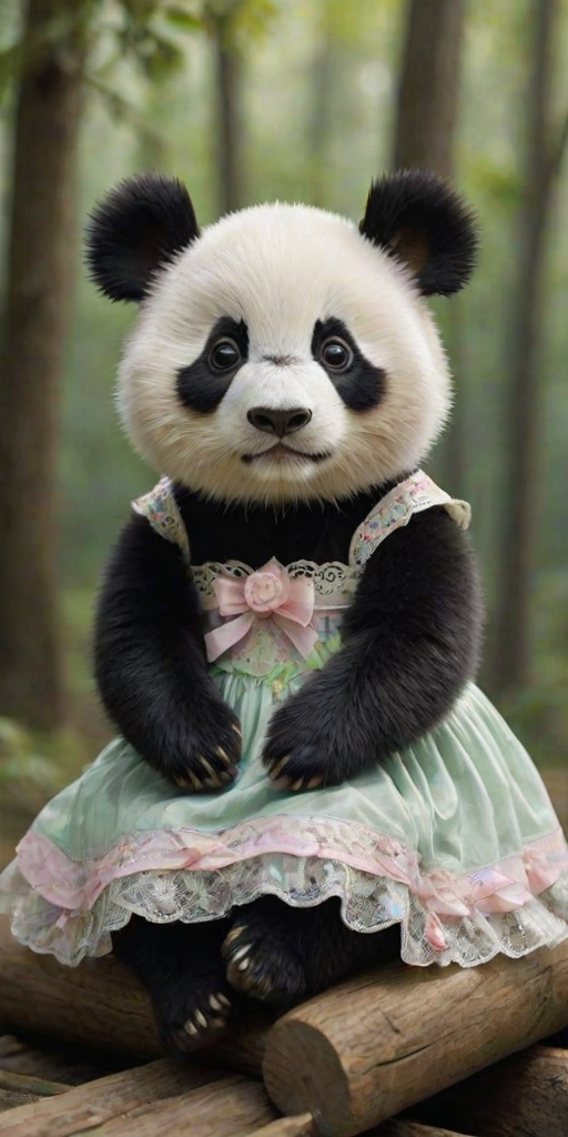 This high-resolution photograph captures a charming panda named Huahua, depicted with her distinctive black and white fur, sitting on a wooden log. Huahua is dressed in an adorable pastel-colored dress adorned with delicate frills and bows, adding a touch of whimsy to her natural charm. The dress is detailed with intricate patterns and soft textures, creating a lifelike contrast to her fluffy fur.
