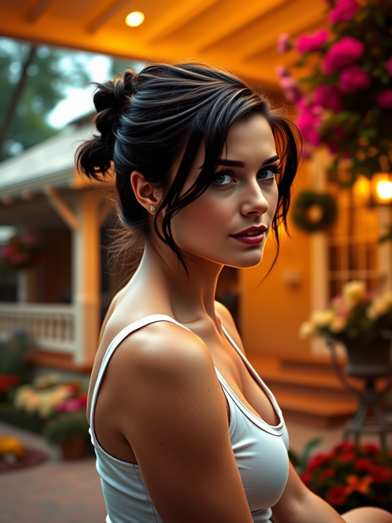 A photo of Natalie Portman with a background of a cozy porch. She has dark hair pulled back in an updo, with tendrils framing her face. She wears a white tank top and sits on the porch. The porch is part of a well-lit home with a warm, earthy tone and colorful flowers and foliage. The overall scene has a warm, welcoming, and comfortable ambiance.