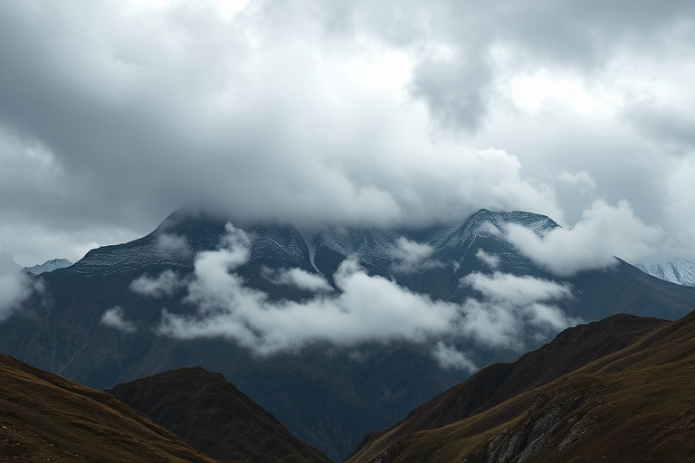 Capture a high-resolution image of a mountainous landscape shrouded in dramatic clouds during overcast weather, using a Canon EOS R5 with a 24-70mm f/2.8 lens at f/8, ISO 200, and a shutter speed of 1/250s, shot from a slightly elevated perspective to enhance depth and detail.