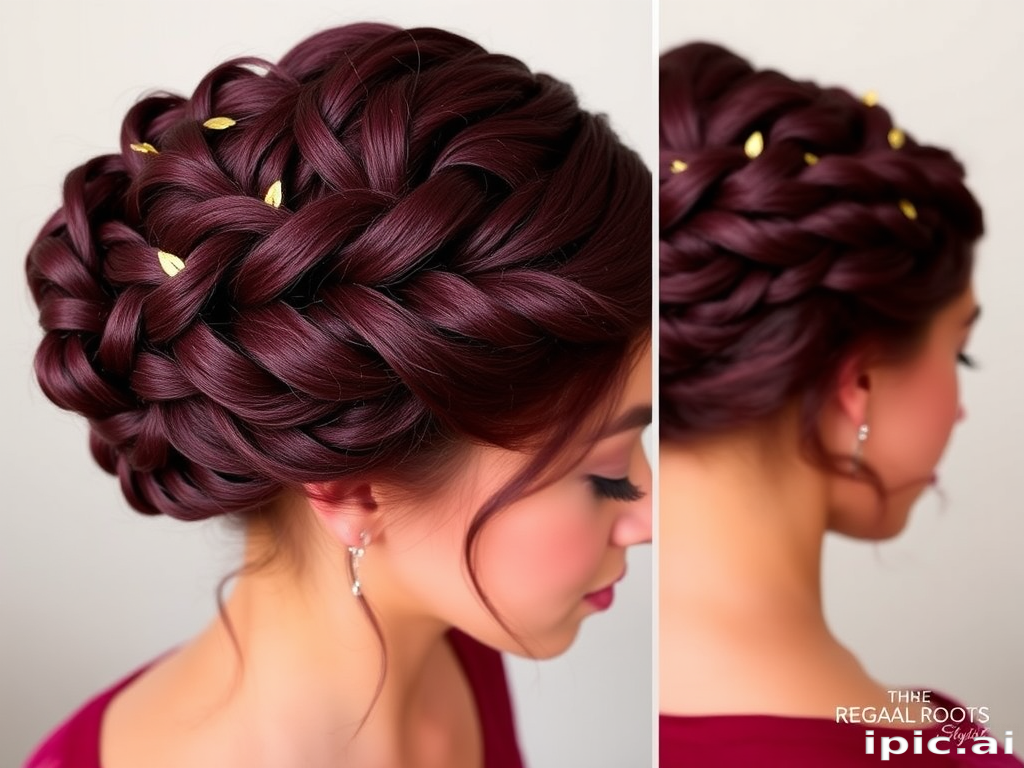 Deep burgundy crown braid updo, intricately woven by "Regal Roots" stylists, featuring a thick, rope-like braid encircling the head like a crown, adorned with delicate gold leaf accents and wispy tendrils framing the face, exuding an air of elegance and regality.