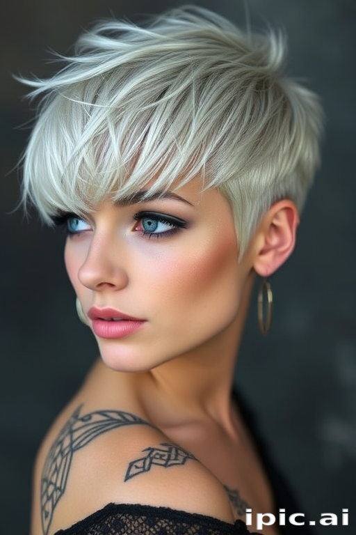 Ethereal silver pixie cut with delicate wisps framing the face, Luna's hair glimmers like starlight, featuring intricate geometric patterns shaved into the sides for an otherworldly and edgy aesthetic