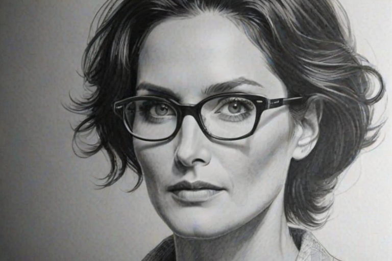 Attractive Carrie-Anne Moss, pencil sketch, portrait of Alluring woman 1957s in glasses, hair style beatnik, outline, clear lines, fine lines, 8k