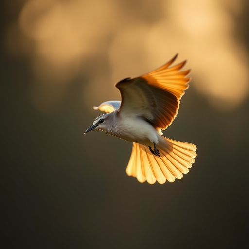 A close-up shot of a flying bird in soft golden hour light, captured with a DSLR camera, aperture f/2.8, shutter speed 1/2000s, ISO 400, using a 70-200mm lens.