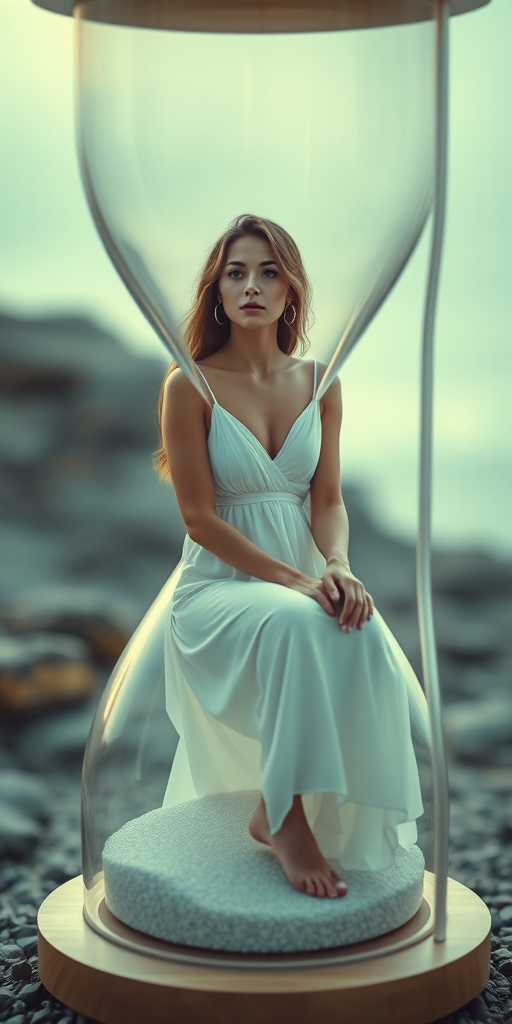 Create an image of a woman sitting inside a large hourglass, wearing a flowing white dress, with soft light illuminating the scene, shot with a Canon EOS 5D Mark IV, 50mm lens, f/2.8 aperture, ISO 100, and a shallow depth of field to enhance the focus on the subject while softly blurring the background.