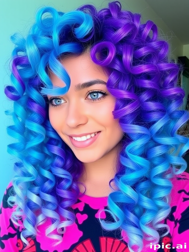 Vibrant turquoise to purple ombre hair styled in bouncy spiral curls, reminiscent of a tropical reef teeming with colorful marine life, aptly named Coral Symphony