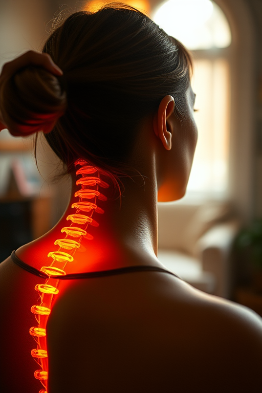 Regenerate an image of a person with a visible spine highlighted in a warm glow, captured from a close-up angle with a shallow depth of field, using a DSLR camera at f/2.8 aperture, ISO 100, and 50mm lens, in a softly lit indoor environment with natural light.