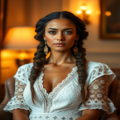 Create a portrait of a refined and elegant Berber woman seated in a sophisticated setting. She has long, wavy hair styled in two thick braids that are pulled over her shoulders. She wears a white, lace gown with intricate patterns, featuring a deep V-neckline and short sleeves. The dress exudes a vintage charm with its delicate lacework. She is adorned with ornate, dangling earrings that add a touch of glamour to her appearance. The background is softly lit, with warm, ambient lighting that creates a cozy and inviting atmosphere. Her expression is poised and serene, capturing a sense of grace and elegance.