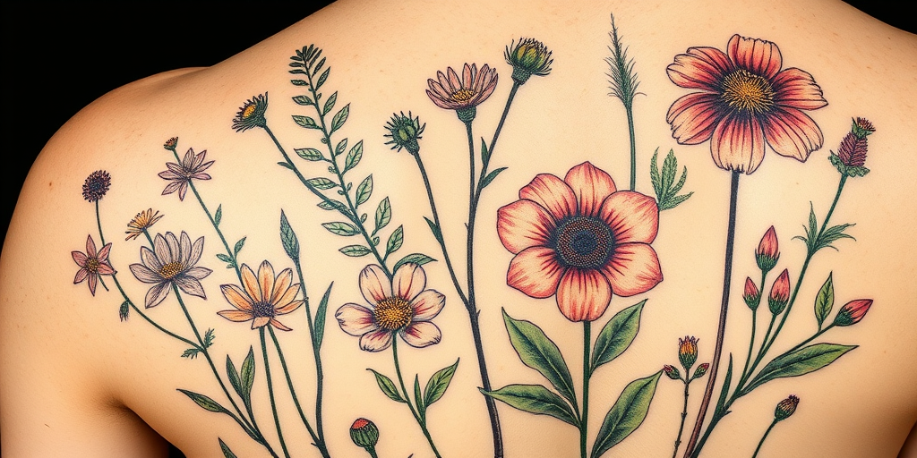 Botanical illustrative tattoo entitled "Flora Vitae" featuring highly detailed and scientifically accurate plant and flower drawings reminiscent of vintage botanical illustrations, perfect for nature lovers