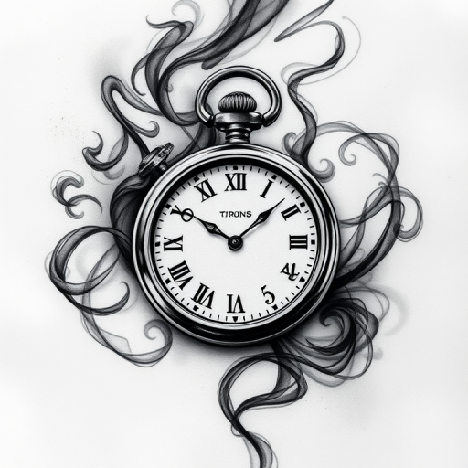 Realistic grayscale tattoo titled "Whispers of Time" depicting a hyper-detailed pocket watch surrounded by wispy smoke tendrils and floating clock hands, emphasizing depth and dimension through shading