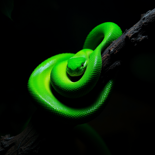 Create an image of a vibrant green snake coiled around a dark, textured branch in a dimly lit environment, focusing on the snake's intricate scales and the contrast between the green and the brown of the branch.