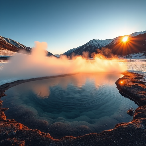 Generate an image of a serene hot spring surrounded by snow-capped mountains, with steam rising from the water, shot at sunrise using a DSLR camera with a 24mm lens, aperture f/11, ISO 100, and a slow shutter speed of 1/60s for enhanced clarity and detail in the landscape.