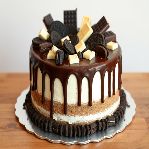 Create an image of a chocolate cake decorated with various chocolate bars and cookies on top the cake should have a smooth white frosting with chocolate ganache dripping down the sides include pieces of Hershey bars Oreo cookies and white chocolate bars scattered on top the cake should be displayed on a silver cake board and placed on a wooden table with a simple background