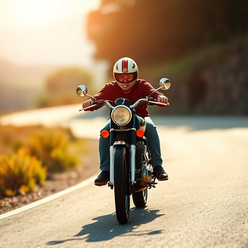 capture a vintage motorcycle rider on a winding road under bright sunlight with a blurred background, use a DSLR camera, f-stop 2.8, shutter speed 1/1000s, ISO 100, 35mm lens, shallow depth of field, and vibrant colors