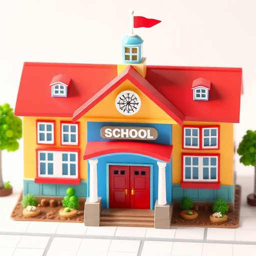Create a detailed 3D illustration of a colorful school building with a red roof, blue walls, and a welcoming entrance, using a digital camera setup with f/8 aperture, ISO 100, 24mm focal length, and soft natural lighting to enhance vibrancy and depth.