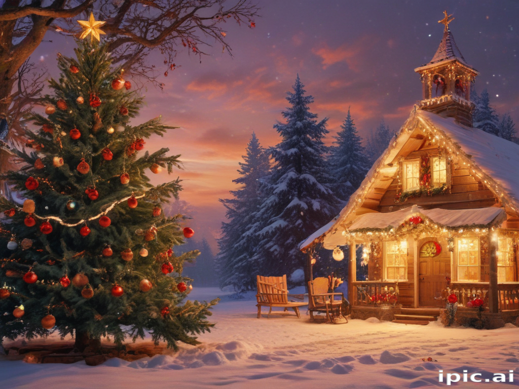 A Cozy Winter Scene with a Decorated Christmas Tree and Snowy Cabin.