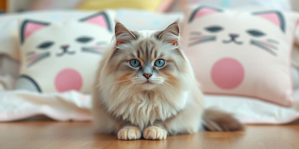 A fluffy white and gray cat with striking blue eyes sitting on a wooden floor in front of plush cat-themed pillows with pink accents in a cozy room setting. The cat has long fur and a serious expression, while the background features a softly lit bed with pastel colors.