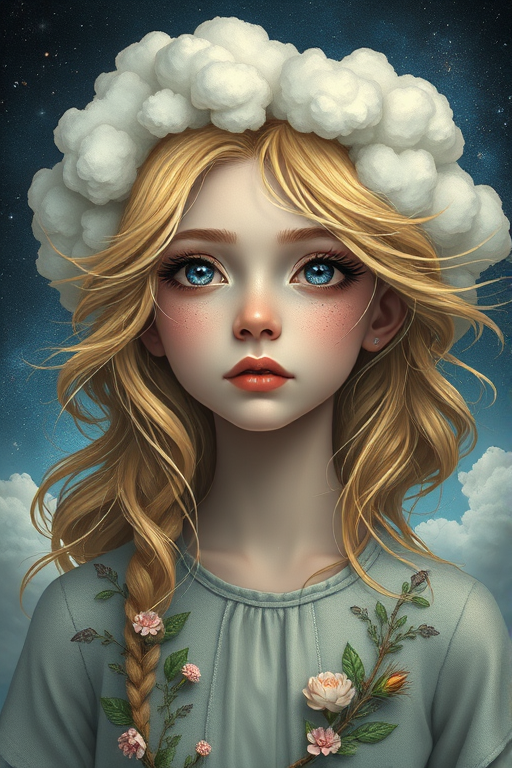 Create a series of imaginative portraits where each subject is infused with elements of fantasy and nature. The hair of the individuals should flow like clouds, varying from soft, fluffy cumulus to wispy cirrus strands, with hints of color reflecting a sunset or a clear blue sky. The eyes should be windows to entire galaxies, with stars, nebulae, and distant planets visible within them. Clothing should be adorned with nature motifs, such as floral patterns that bloom and change, vines that seem to grow and wrap around, or feathers that shimmer with iridescence. Each portrait should capture a unique personality, blending human features with the ethereal beauty of the natural and cosmic world. The backgrounds can vary, from starry night skies to enchanted forests, adding depth and context to the magical realism of the portraits