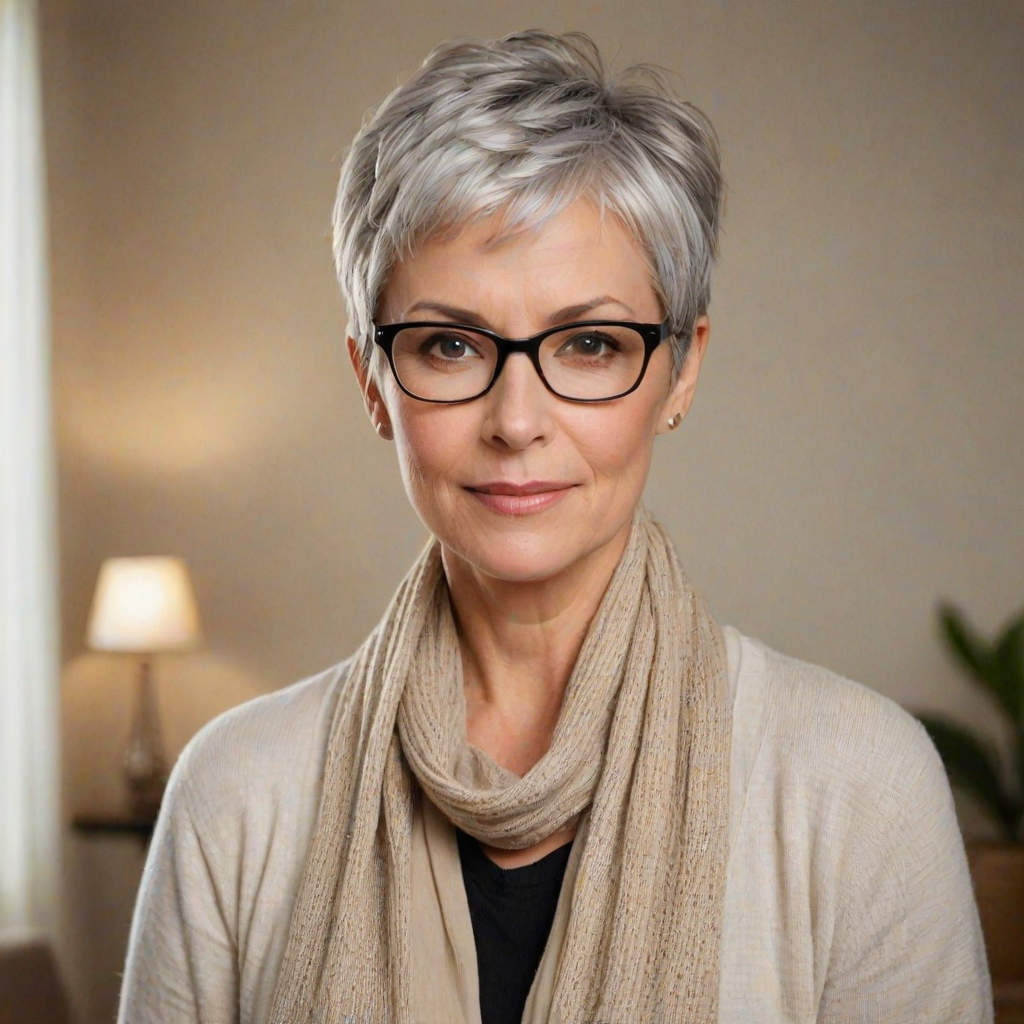 Portrait of a mature woman with short silver hair, styled in an asymmetrical pixie cut with side bangs. She wears black-framed glasses and a beige blouse with a white cardigan over it, as well as a bulky scarf in neutral tones. The woman is indoors with soft lighting and a blur in the background. Her expression is serene and confident, highlighting her elegance and modern style.