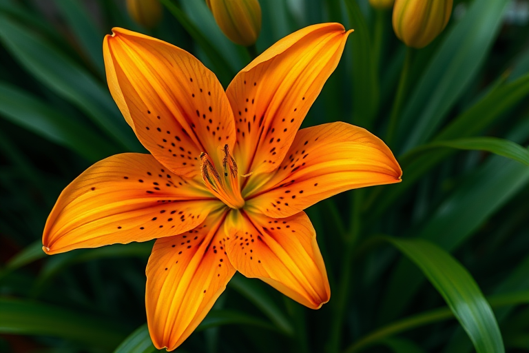 highly detailed illustration of a vibrant orange lily flower with intricate spots and lush green leaves, shot with a Canon EOS 5D Mark IV, 50mm lens, f/2.8 aperture, ISO 100, soft natural light, macro style for enhanced detail and clarity
