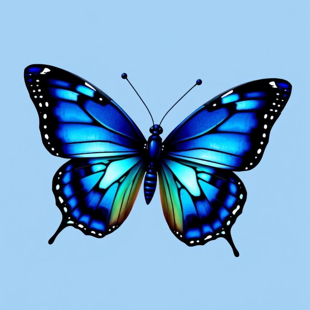 Generate an image of a vibrant blue butterfly with intricate black patterns and white dots on its wings. The butterfly should have elongated wings, showcasing a gradient of blue shades, and delicate antennae. The background should be simple to emphasize the butterfly's vivid colors.