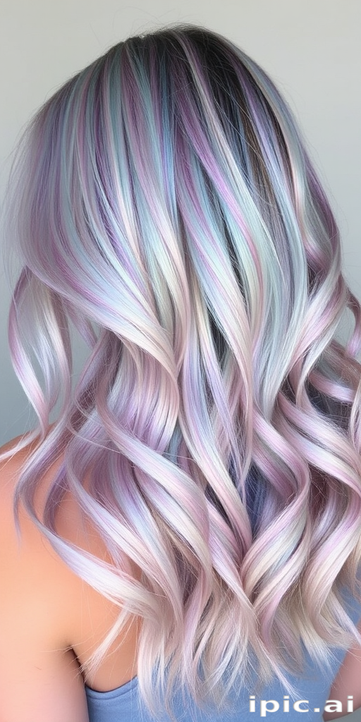 Iridescent opal hair known as "Crystal Prism," shimmers with hints of pink, blue, and green as it catches the light, styled in loose, tousled waves that create movement and showcase the multifaceted hues