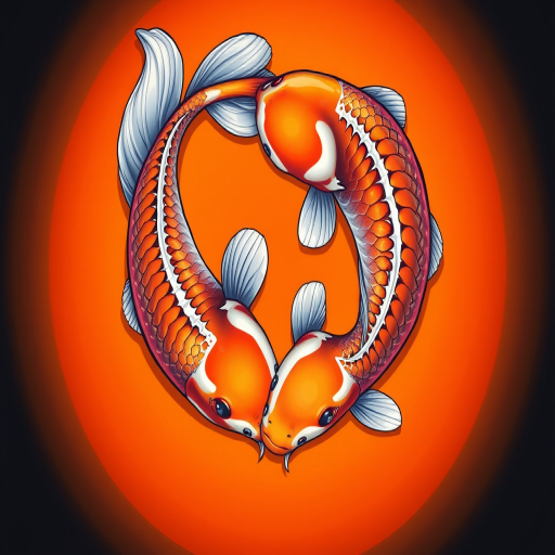 Illustration of two koi fish intertwined in a circular pattern with a vibrant orange background, high resolution, 300 DPI, macro lens, top-down view, digital art style, created with a tablet in Adobe Illustrator.