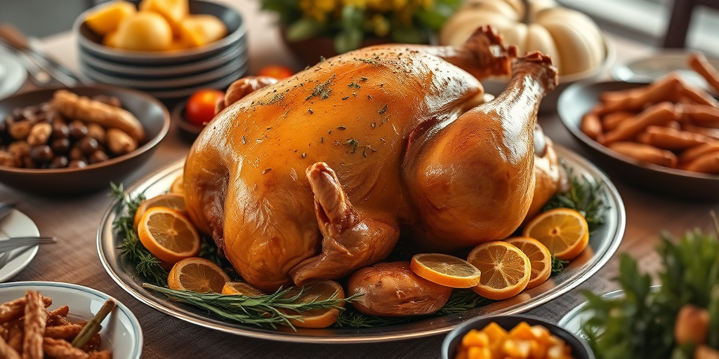 Regenerate a beautifully arranged Thanksgiving dinner scene featuring a golden-brown roasted turkey garnished with herbs and citrus fruits on a large platter, surrounded by festive side dishes, taken with a Canon EOS R5 at f/2.8, ISO 100, 1/60 sec, natural soft lighting, shallow depth of field for a warm and inviting atmosphere.