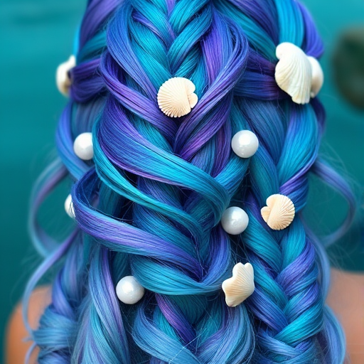 Mesmerizing teal to purple color melt styled in mermaid braids adorned with seashells and pearls, capturing underwater enchantment called Siren's Treasure