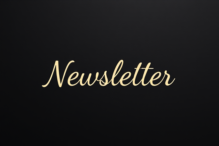 Create a minimalist black background with elegant cursive font displaying the word "Newsletter" in cream color, using a Canon EOS R5 camera at f/2.8 aperture, ISO 100, and 50mm lens, with a centered composition and soft focus effect to enhance visual quality.