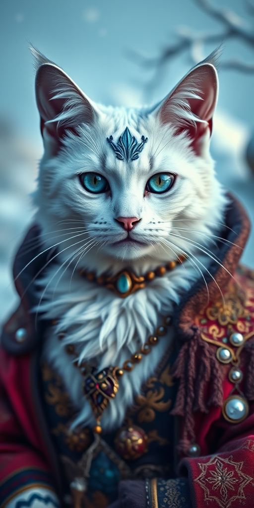 Create a vibrant fantasy portrait of a majestic white cat with blue accents, adorned in ornate attire, set against a mystical snowy landscape, captured with a Canon EOS R5, 50mm lens, f/1.8 aperture, ISO 100, soft focus, and vibrant color grading for enhanced detail and clarity.