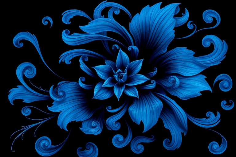 Create a highly detailed and vibrant blue floral design with swirling patterns, on a black background, captured using a Canon EOS R5, 50mm f/1.2 lens, f/8 aperture, ISO 100, with soft diffused lighting to enhance texture and color depth.