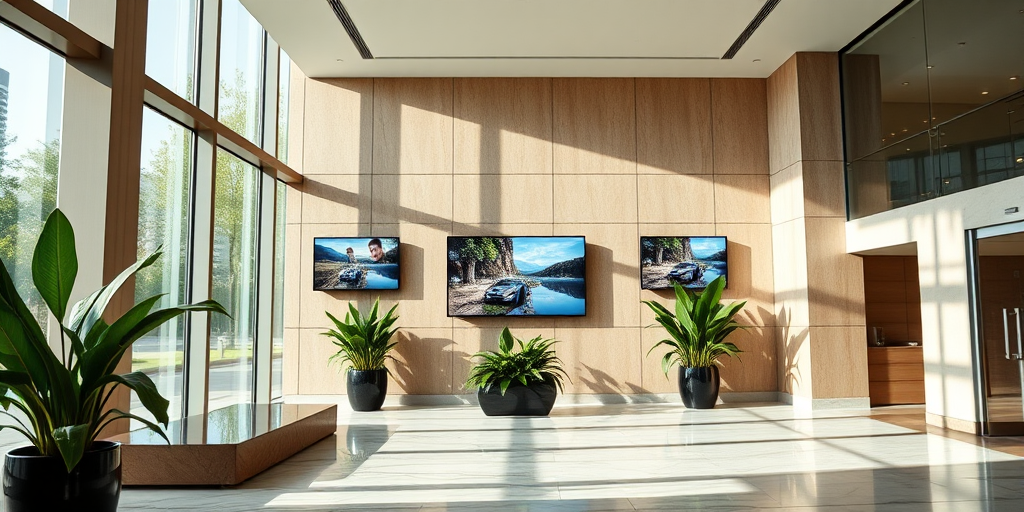 interior of a modern foyer with large windows and polished marble floors, three flat-screen displays on the wall showing various images, lush green plants in pot, natural light flooding in, shot with a Canon EOS 5D Mark IV, aperture f/4.0, ISO 100, shutter speed 1/60 sec, wide-angle lens 24mm, HDR photography for enhanced detail and color vibrancy