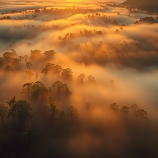 regenerate a sunrise landscape with mist rolling over the trees, soft golden light breaking through, taken with a Canon EOS R5, 24mm lens, f/2.8 aperture, ISO 100, 1/200 seconds, aerial view, focus on ethereal atmosphere and warm tones.