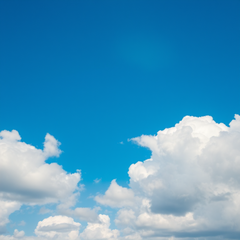 Capture a vivid blue sky with fluffy white clouds using a DSLR camera, 24mm lens, f/8 aperture, ISO 100, and a shutter speed of 1/200s from a wide angle bird's eye view to highlight details in the clouds and enhance the overall image quality.