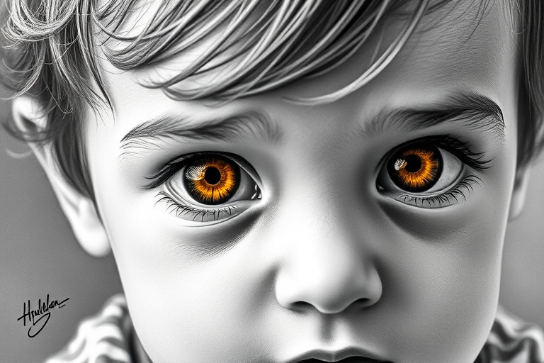 A hyperdetailed photorealistic black and white sketch of a beautiful toddler with deep Yellow eyes, with a macro focus