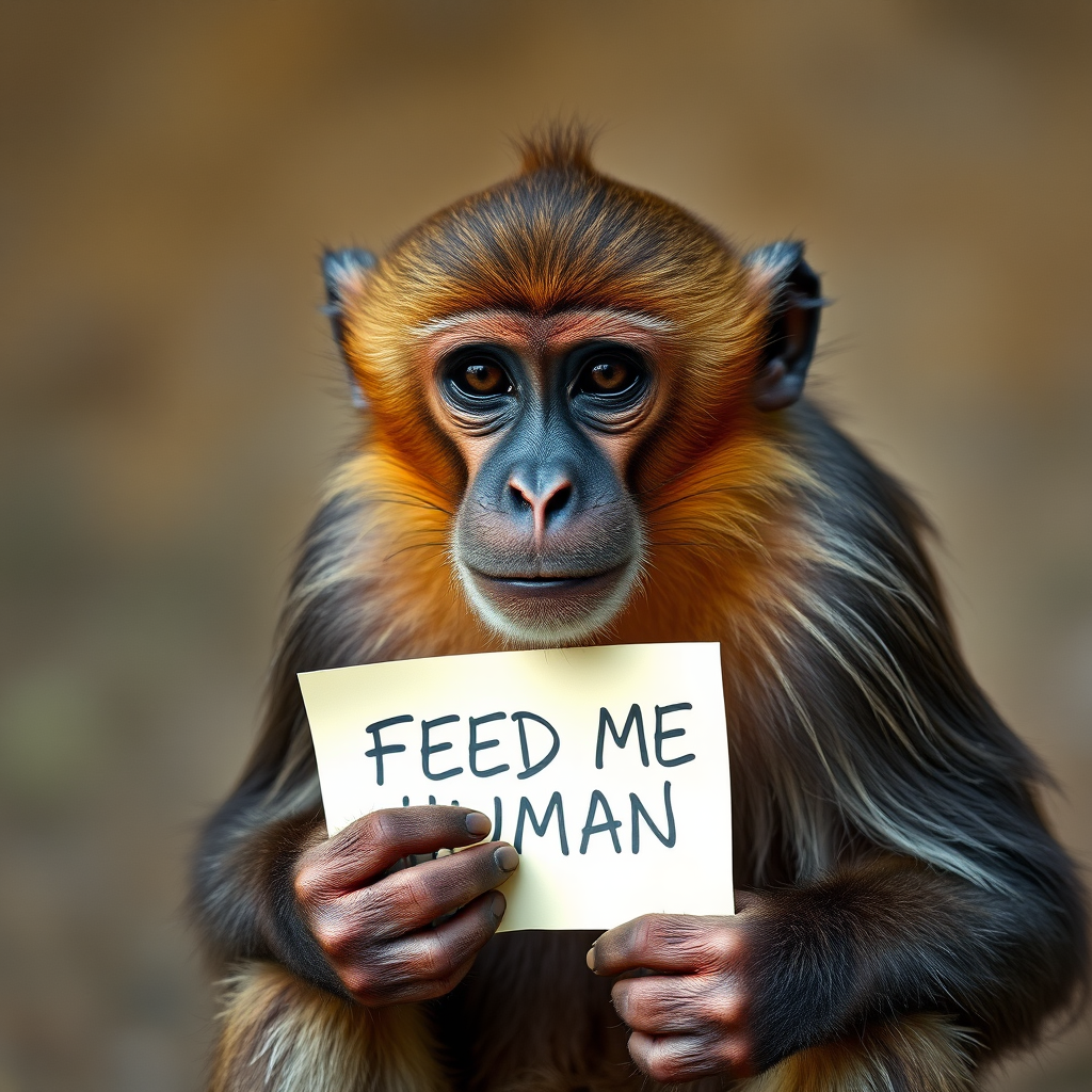 monkey holding a note which says "FEED ME HUMAN"