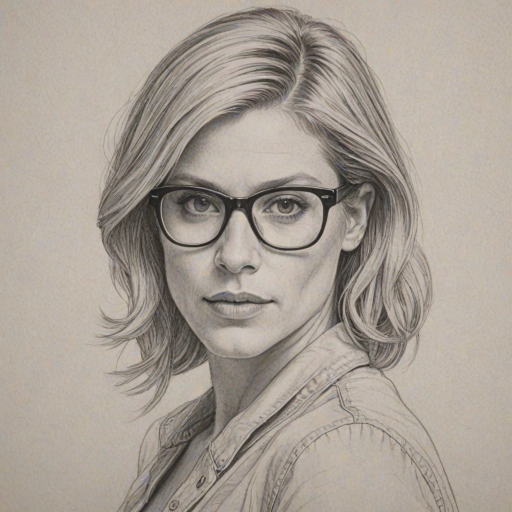 Delightful Katee Sackhoff, pencil sketch, portrait of Fascinating woman 1973s in glasses, hair style beatnik, outline, clear lines, fine lines, 8k