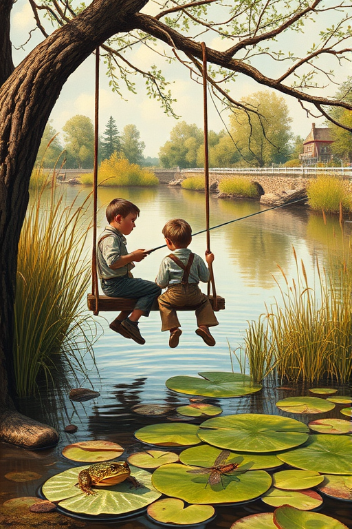 Imagine a small group of old fashioned young boys out fishing by the creek, a swing hanging from a tree branch, reeds and grasses by the water's edge, a frog sitting on a lily pad, dragonflies hovering over som water plans, a very iconic old fashioned scene reminiscent of a Norman Rockwell painting style