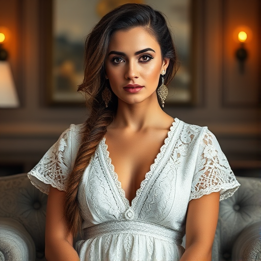 Create a portrait of a refined and elegant Assyrian woman seated in a sophisticated setting. She has long, wavy hair styled in two thick braids that are pulled over her shoulders. She wears a white, lace gown with intricate patterns, featuring a deep V-neckline and short sleeves. The dress exudes a vintage charm with its delicate lacework. She is adorned with ornate, dangling earrings that add a touch of glamour to her appearance. The background is softly lit, with warm, ambient lighting that creates a cozy and inviting atmosphere. Her expression is poised and serene, capturing a sense of grace and elegance.