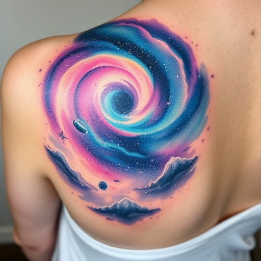 Cosmic watercolor tattoo called "Nebula Dreams" portraying a dreamy galaxy scene with swirling nebulae, twinkling stars, and distant planets, utilizing soft color blending techniques to create an ethereal, otherworldly effect, ideal for shoulder, back, or ribcage placement